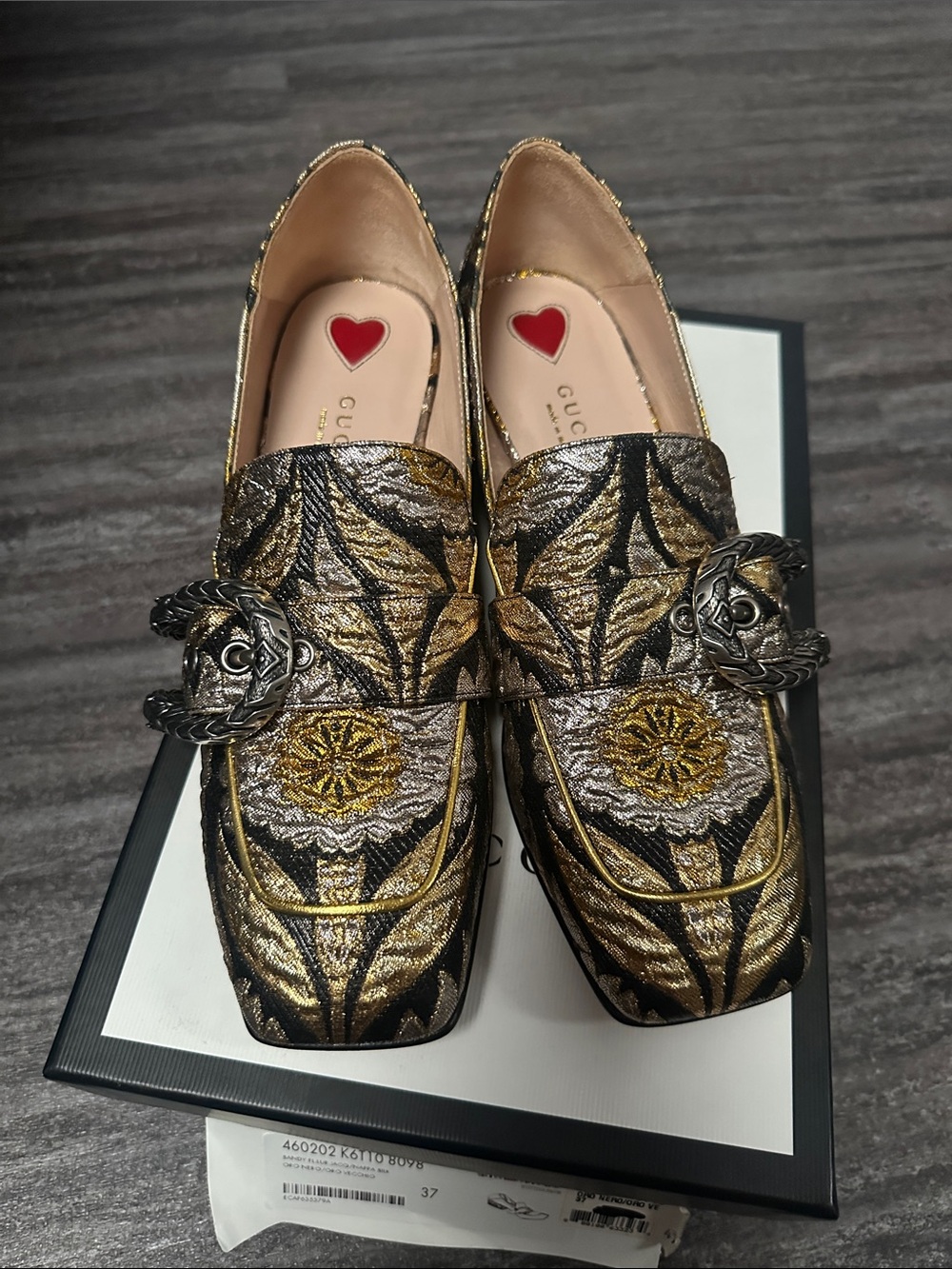 Gucci Gold & Black Embroidered Horsebit Loafers